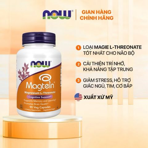 Viên uống Magie L-Threonate Now Magtein - Bổ não, cải thiện trí nhớ, giảm stress và mất ngủ - 90 viên