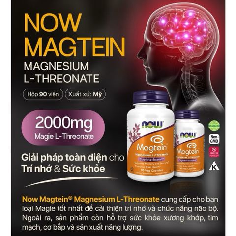 Viên uống Magie L-Threonate Now Magtein - Bổ não, cải thiện trí nhớ, giảm stress và mất ngủ - 90 viên