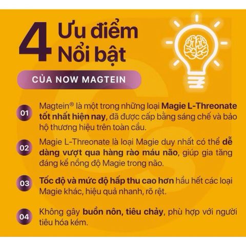 Viên uống Magie L-Threonate Now Magtein - Bổ não, cải thiện trí nhớ, giảm stress và mất ngủ - 90 viên