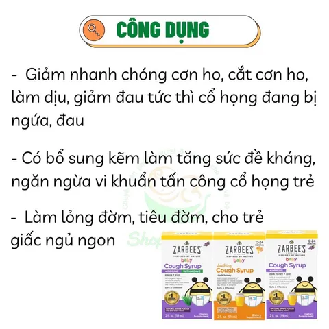 Siro Mỹ Zarbee's ho ong tiêu đờm tăng đề kháng + kẽm Zinc Zarbee's Baby Cough Syrup cho trẻ từ sơ sinh 59ml