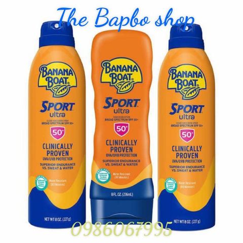 Kem Chống Nắng Thể Thao Banana Boat Sport Ultra SPF 50++ - Chai Xịt 227g & Kem 236ml - Chống Nước, Không Gây Nhờn Rít, Dùng Được Cho Cả Gia Đình