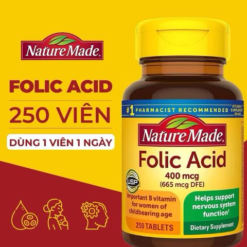 Viên uống Bổ máu Folic Acid 400mcg Nature Made - Vitamin Tổng Hợp cho Phụ Nữ Mang Thai (250 viên)