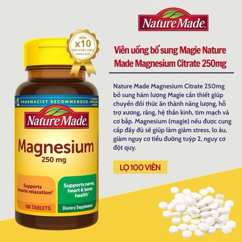 Viên uống bổ sung Magie Nature Made Magnesium 250mg- 400mg 180v