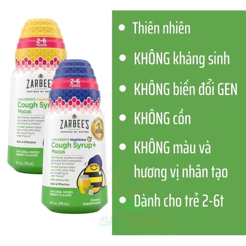 Siro ho ong tiêu đờm Zarbee's Cough Syrup + Mucus ngày và đêm 118ml của Mỹ