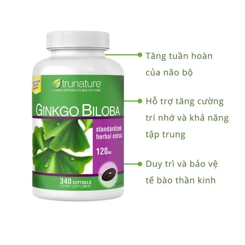 Viên Uống Bổ Não Trunature Ginkgo Biloba 120mg - Hỗ Trợ Tăng Cường Trí Nhớ, Cải Thiện Tuần Hoàn Máu, 340 Viên Mỹ