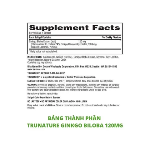 Viên Uống Bổ Não Trunature Ginkgo Biloba 120mg - Hỗ Trợ Tăng Cường Trí Nhớ, Cải Thiện Tuần Hoàn Máu, 340 Viên Mỹ