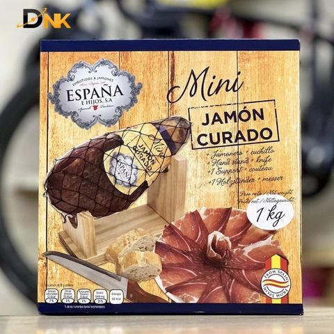 Đùi heo muối Espana Mini Jamon Curado Tây Ban Nha 1kg - Hương vị đặc trưng, set hoàn hảo gồm giá đỡ và dao cắt cho tiệc tùng.