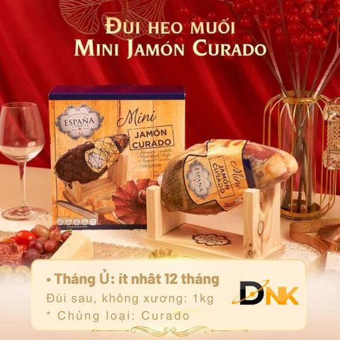 Đùi heo muối Espana Mini Jamon Curado Tây Ban Nha 1kg - Hương vị đặc trưng, set hoàn hảo gồm giá đỡ và dao cắt cho tiệc tùng.