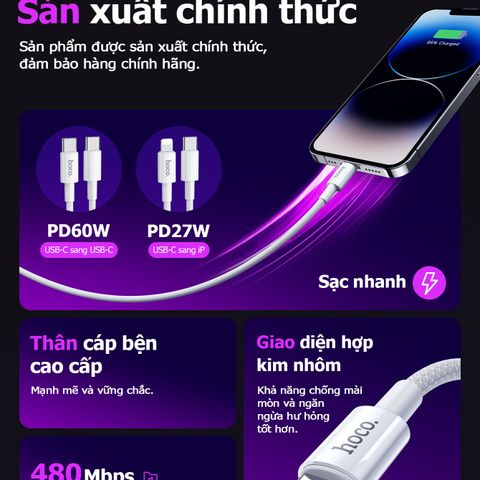 Dây Cáp Sạc Hoco THM206 Type C - USB-C 60W Và IP 27W Dài 1M - Sạc Nhanh Cho Điện Thoại Và Thiết Bị Điện Tử