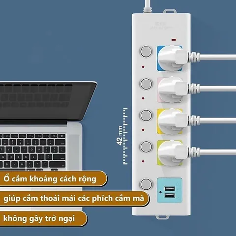 Ổ Điện Đa Năng Con Voi 4 Ổ Cắm & 2 Cổng USB Sạc Nhanh Dây Dài 2m - Thiết Kế Đáng Yêu, Chất Liệu Chống Cháy, An Toàn cho Gia Đình