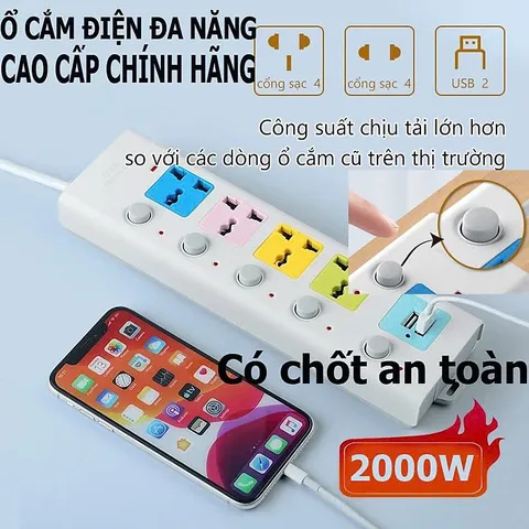 Ổ Điện Đa Năng Con Voi 4 Ổ Cắm & 2 Cổng USB Sạc Nhanh Dây Dài 2m - Thiết Kế Đáng Yêu, Chất Liệu Chống Cháy, An Toàn cho Gia Đình