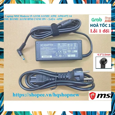 Sạc Laptop MSI Modern 15 A11M A11MU A5M  A5M-072 14 B11ML B11MU A11M B5M C11M 19V - 3.42A - 65W PHỤ KIỆN LAPTOP