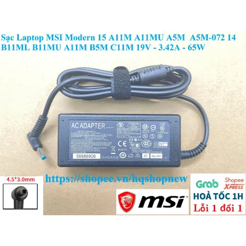 Sạc Laptop MSI Modern 15 A11M A11MU A5M  A5M-072 14 B11ML B11MU A11M B5M C11M 19V - 3.42A - 65W PHỤ KIỆN LAPTOP