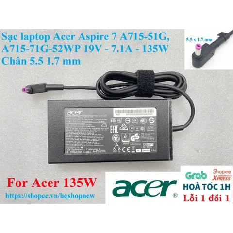 Sạc laptop Acer Aspire 7 A715-51G, A715-71G-52WP 19V - 7.1A - 135W Chân 5.5 1.7 mm PHỤ KIỆN LAPTOP