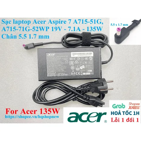 Sạc laptop Acer Aspire 7 A715-51G, A715-71G-52WP 19V - 7.1A - 135W Chân 5.5 1.7 mm PHỤ KIỆN LAPTOP
