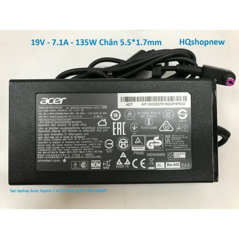 Sạc laptop Acer Aspire 7 A715-51G, A715-71G-52WP 19V - 7.1A - 135W Chân 5.5 1.7 mm PHỤ KIỆN LAPTOP