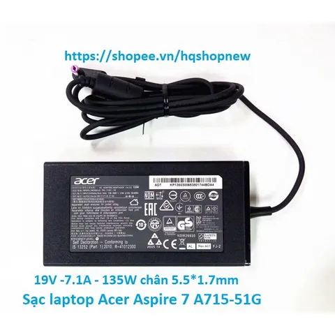 Sạc laptop Acer Aspire 7 A715-51G, A715-71G-52WP 19V - 7.1A - 135W Chân 5.5 1.7 mm PHỤ KIỆN LAPTOP