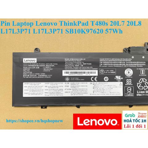 Pin Laptop Lenovo ThinkPad T480s 57Wh Li-ion 11.58V - Thay thế cho 20L7, 20L8, L17L3P71 - Hàng ZIN mới 100%