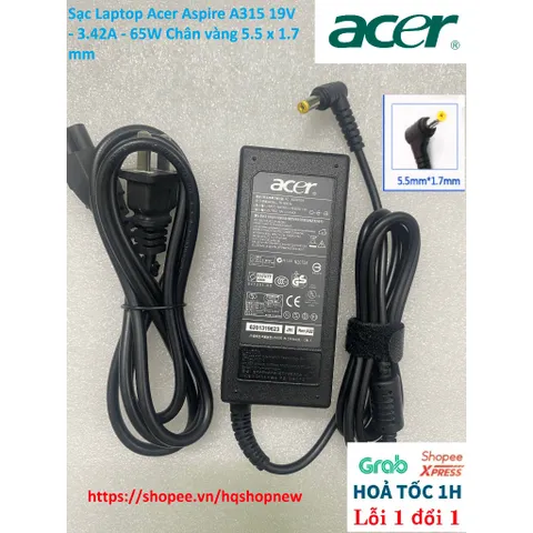 [Sạc zin] Sạc Laptop Acer Aspire A315 19V - 3.42A - 65W Chân vàng 5.5 x 1.7 mm PHỤ KIỆN LAPTOP
