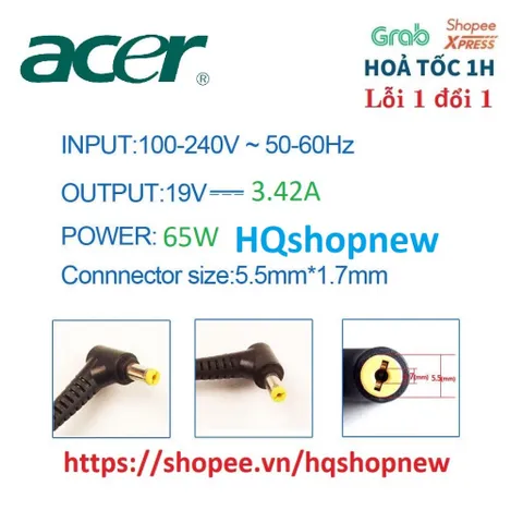 [Sạc zin] Sạc Laptop Acer Aspire A315 19V - 3.42A - 65W Chân vàng 5.5 x 1.7 mm PHỤ KIỆN LAPTOP