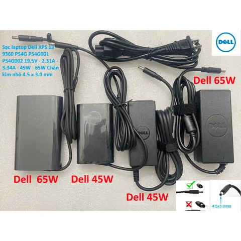 [Sạc zin]Sạc laptop Dell XPS 13 9360 P54G P54G001 P54G002 19.5V - 2.31A - 3.34A - 45W - 65W Chân kim nhỏ 4.5 x 3.0 mm PH
