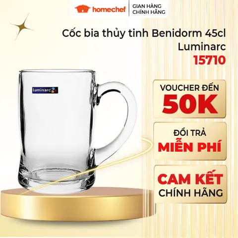 Bộ 6 cốc bia Luminarc Benidorm 450ml có quai - Thủy tinh cường lực dày dặn, chống bám bẩn, an toàn cho sức khỏe