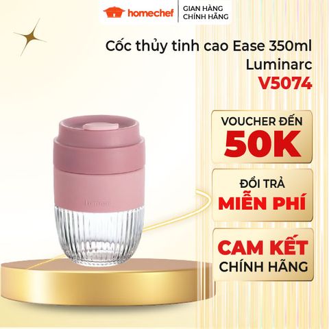 Cốc thủy tinh Luminarc Ease 350ml màu hồng - Chất liệu chịu nhiệt, chống sốc, có nắp đậy kín, an toàn mang theo