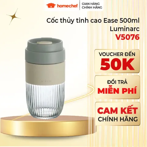 Cốc thủy tinh Luminarc Ease 500ml màu xám - Chống tràn, chịu nhiệt, dễ mang theo, nắp kín tiện lợi