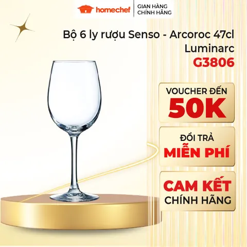 Bộ 6 Ly Rượu Vang Thủy Tinh Arcoroc Senso 47cl - G3806, Thiết Kế Hiện Đại, Hàng Chính Hãng, An Toàn Cho Sức Khỏe