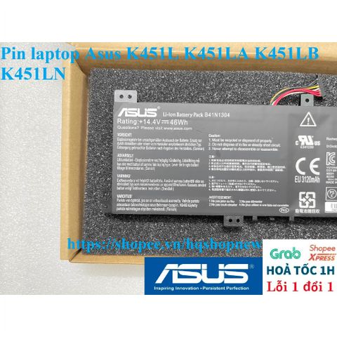 Pin Laptop Asus K451L K451LA K451LB K451LN Chính Hãng 100% - Pin B41N1304 46W Mới, Đen, Bảo Hành Đổi Mới 100%