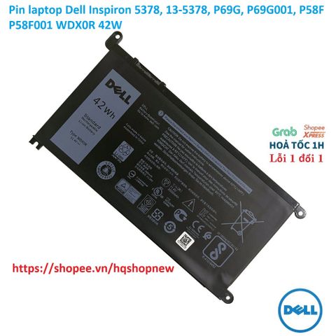 Pin Laptop Chính Hãng Dell Inspiron 5378, 13-5378, P69G, P69G001, P58F, P58F001 WDX0R 42W - Phụ Kiện Laptop Đen 100% mới