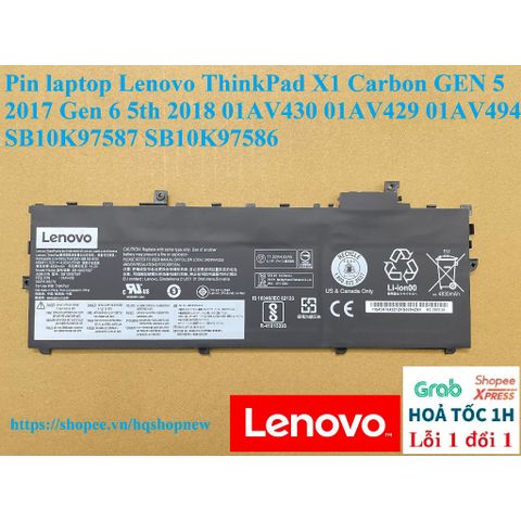Pin Laptop Lenovo ThinkPad X1 Carbon Gen 5 2017/Gen 6 2018 - Dung Lượng 57Wh, Bảo Hành 5 Tháng, Chất Lượng Cao, Sản Phẩm Mới 100%