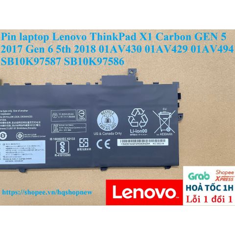 Pin Laptop Lenovo ThinkPad X1 Carbon Gen 5 2017/Gen 6 2018 - Dung Lượng 57Wh, Bảo Hành 5 Tháng, Chất Lượng Cao, Sản Phẩm Mới 100%