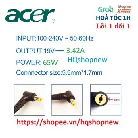 Sạc Laptop Acer Aspire 5 A515-41 A515-43 A515-51 A515-53 A515-53K A515-55T 19V - 3.42A  Chân to 5.5 x 1.7 mm PHỤ KIỆN LA