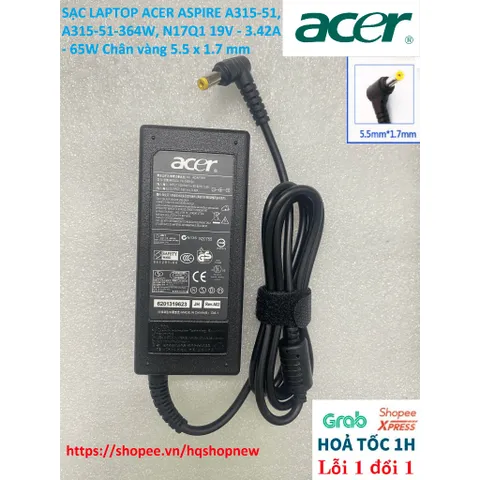 [Sạc zin] SẠC LAPTOP ACER ASPIRE A315-51, A315-51-364W, N17Q1 19V - 3.42A - 65W Chân vàng 5.5 x 1.7 mm PHỤ KIỆN LAPTOP