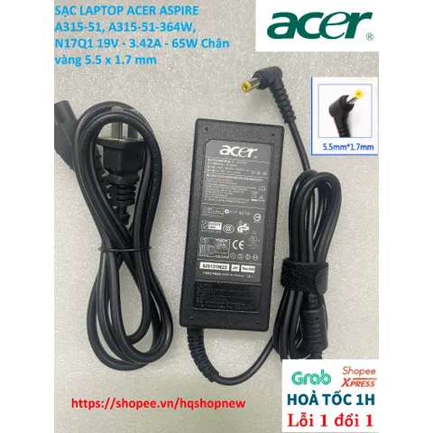 [Sạc zin] SẠC LAPTOP ACER ASPIRE A315-51, A315-51-364W, N17Q1 19V - 3.42A - 65W Chân vàng 5.5 x 1.7 mm PHỤ KIỆN LAPTOP