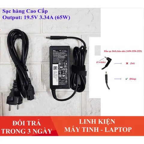 🔝 Sạc Laptop Dell 19.5V - 3.34A - 65W Chân Kim Nhỏ Loại Tốt ( ZIN ) dùng cho Dell 5568 3558 3458