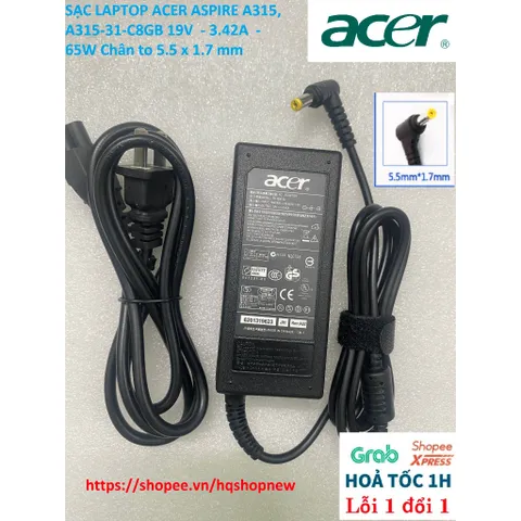 [Sạc zin] SẠC LAPTOP ACER ASPIRE A315, A315-31-C8GB 19V  - 3.42A  - 65W Chân to 5.5 x 1.7 mm PHỤ KIỆN LAPTOP