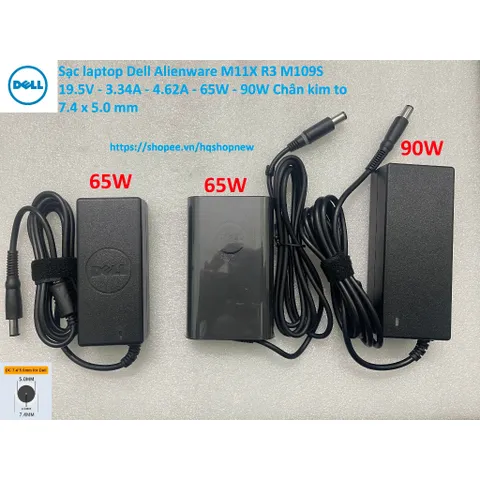 [Sạc zin] Sạc laptop Dell Alienware M11X R3 M109S 19.5V - 3.34A - 4.62A - 65W - 90W Chân kim to 7.4 x 5.0 mm PHỤ KIỆN LA