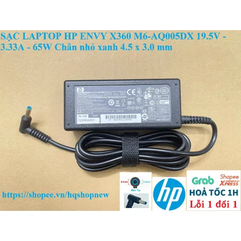 [Sạc zin] SẠC LAPTOP HP ENVY X360 M6-AQ005DX 19.5V - 3.33A - 65W Chân nhỏ xanh 4.5 x 3.0 mm PHỤ KIỆN LAPTOP