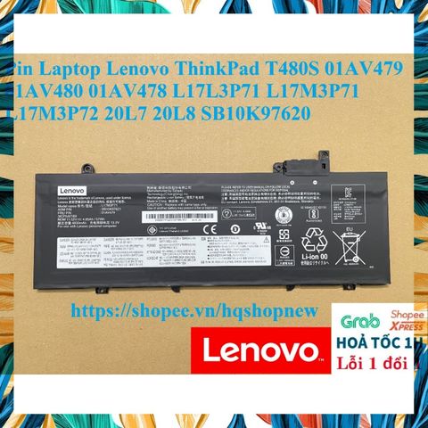 Pin Laptop Lenovo ThinkPad T480S 57Wh - Phụ Kiện Chính Hãng Đen, Thay Thế Cho Model 01AV479, 01AV480, 01AV478, Bảo Hành 100%