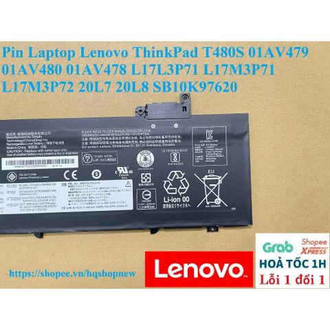 Pin Laptop Lenovo ThinkPad T480S 57Wh - Phụ Kiện Chính Hãng Đen, Thay Thế Cho Model 01AV479, 01AV480, 01AV478, Bảo Hành 100%