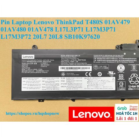 Pin Laptop Lenovo ThinkPad T480S 57Wh - Phụ Kiện Chính Hãng Đen, Thay Thế Cho Model 01AV479, 01AV480, 01AV478, Bảo Hành 100%