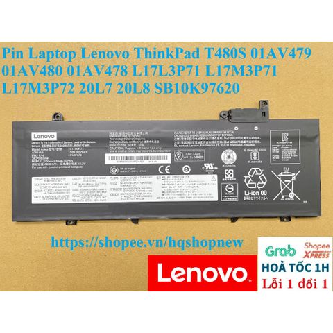 Pin Laptop Lenovo ThinkPad T480S 57Wh - Phụ Kiện Chính Hãng Đen, Thay Thế Cho Model 01AV479, 01AV480, 01AV478, Bảo Hành 100%