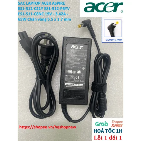 [Sạc zin] SẠC LAPTOP ACER ASPIRE ES1-512-C21Y ES1-512-P6YV ES1-511-C8NC 19V - 3.42A - 65W Chân vàng 5.5 x 1.7 mm PHỤ KIỆ