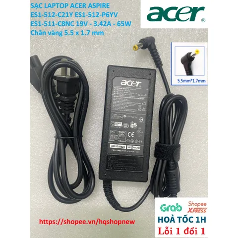 [Sạc zin] SẠC LAPTOP ACER ASPIRE ES1-512-C21Y ES1-512-P6YV ES1-511-C8NC 19V - 3.42A - 65W Chân vàng 5.5 x 1.7 mm PHỤ KIỆ