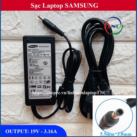 Sạc Laptop Samsung 19V 3.16A - Đầu cắm 5.5mm x 3.0mm kèm dây nguồn - Bảo hành 12 tháng, chất lượng cao, tương thích với nhiều mẫu laptop