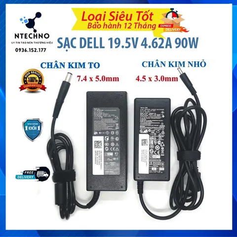 🔝 Sạc Laptop Dell 19.5V - 4.62A 90W [Zin] Chân to/Chân nhỏ Tặng kèm dây nguồn Bảo hành 12 Tháng (Sạc Zin/TC)