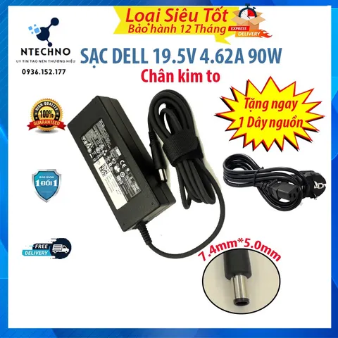🔝 Sạc Laptop Dell 19.5V - 4.62A 90W [Zin] Chân to/Chân nhỏ Tặng kèm dây nguồn Bảo hành 12 Tháng (Sạc Zin/TC)