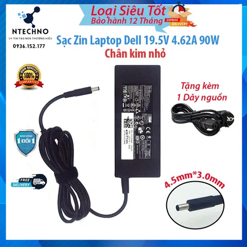 🔝 Sạc Laptop Dell 19.5V - 4.62A 90W [Zin] Chân to/Chân nhỏ Tặng kèm dây nguồn Bảo hành 12 Tháng (Sạc Zin/TC)